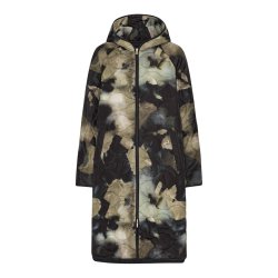 Lang quilted frakke med htte - Moss print 