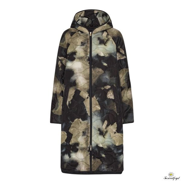 Lang quilted frakke med htte - Moss print 