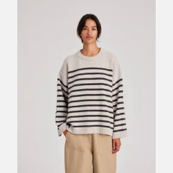 Barbera Stripe Lambswool Jumper - Island Fossil / Dark Grey Stripe